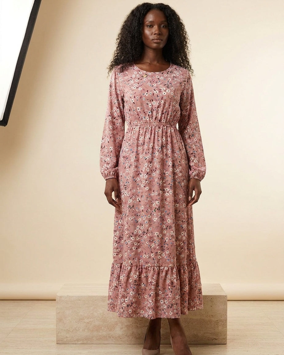 Floral Long Sleeve Bohemian Maxi Dress in Pink, front view – Petopet