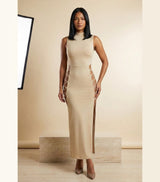 Cut-Out Lace-Up Sleeveless Maxi Dress in Beige, front view – Petopet