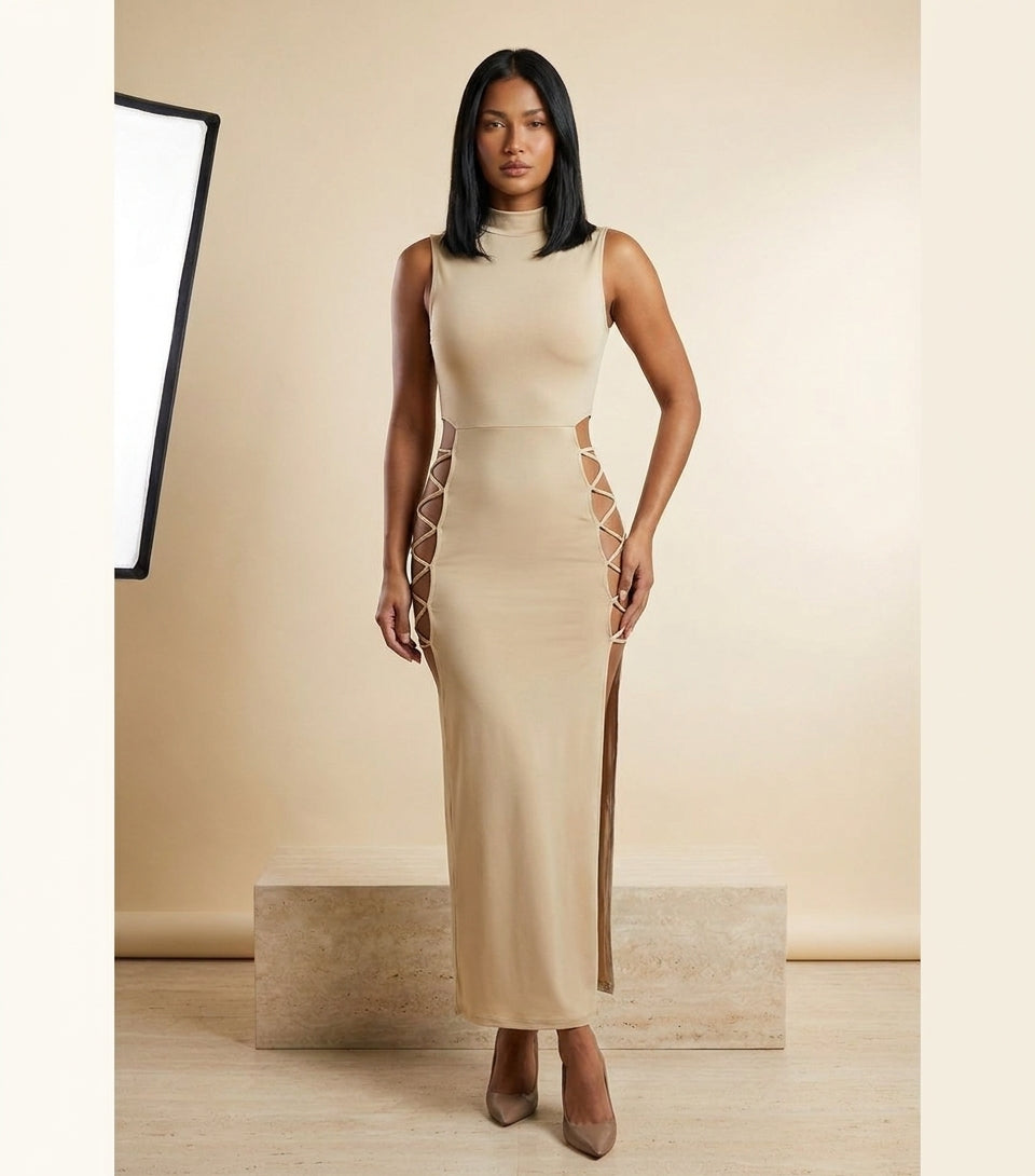 Cut-Out Lace-Up Sleeveless Maxi Dress in Beige, front view – Petopet