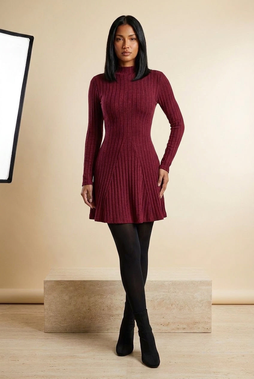 Ribbed High Neck Long Sleeve A-Line Mini Dress in Burgundy, three-quarter view – Petopet