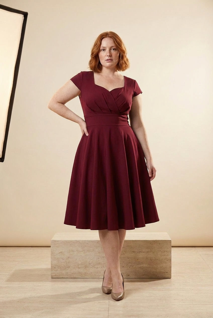 Vintage V-Neck Fit-and-Flare Midi Dress in Burgundy, three-quarter view – Petopet