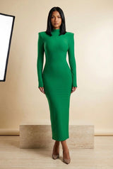 Sculpted Shoulder Long Sleeve Bodycon Maxi Dress in Green, front view – Petopet