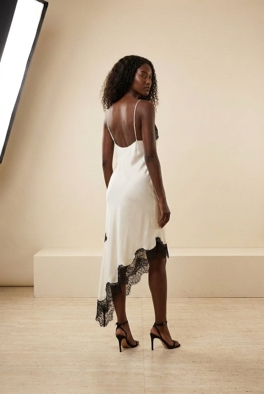 Lace Trim Asymmetric Satin Slip Mini Dress in Black, back view – Petopet