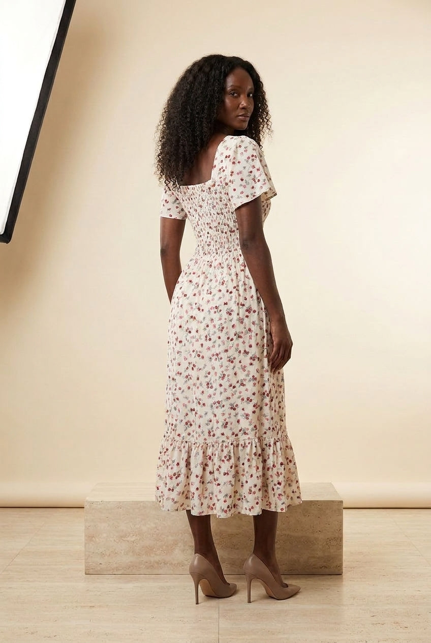 Floral Shirred Chiffon Midi Dress, back view – Petopet