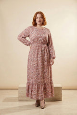 Floral Long Sleeve Bohemian Maxi Dress in Pink, three-quarter view – Petopet