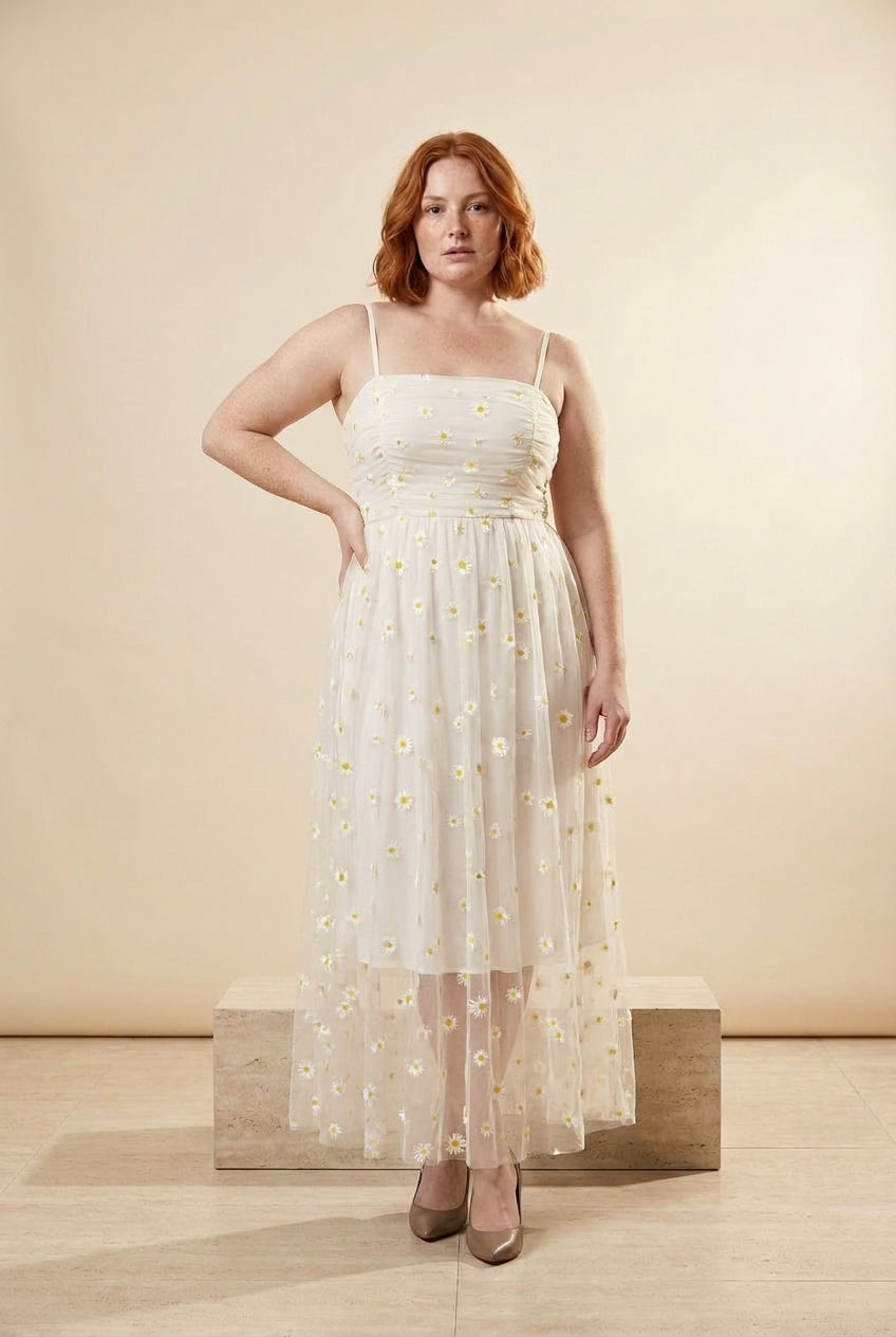 Daisy Embroidered Mesh Strappy Midi Dress in White, front view – Petopet