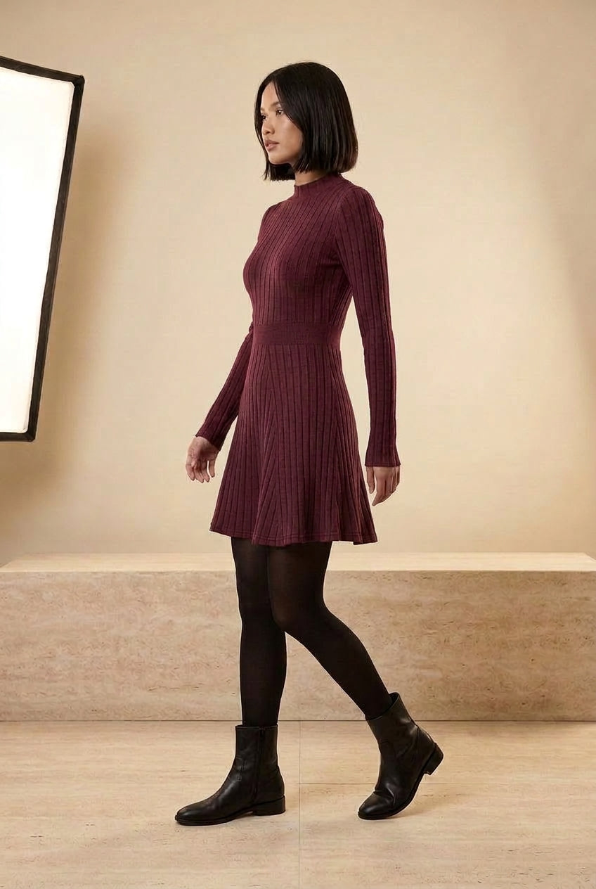Ribbed High Neck Long Sleeve A-Line Mini Dress in Burgundy, walking view – Petopet