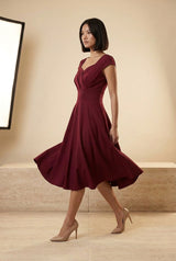 Vintage V-Neck Fit-and-Flare Midi Dress in Burgundy, walking view – Petopet