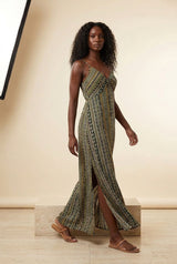 Bohemian Printed Strappy Split Maxi Dress in Green, walking view – Petopet