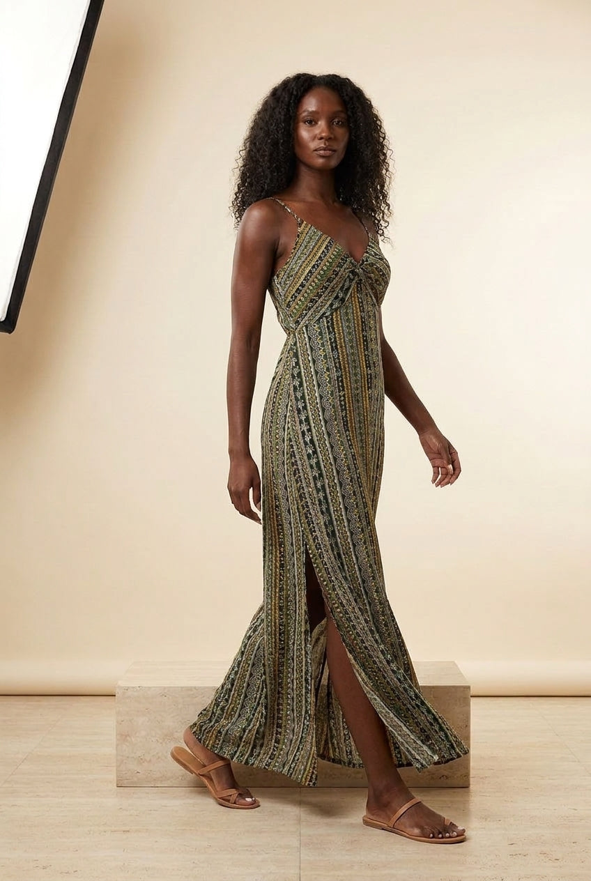Bohemian Printed Strappy Split Maxi Dress in Green, walking view – Petopet