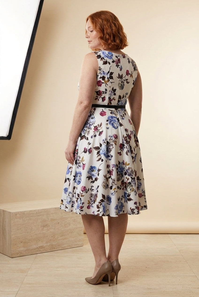 Floral Fit-and-Flare Vintage Midi Dress, back view – Petopet