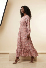 Floral Long Sleeve Bohemian Maxi Dress in Pink, walking view – Petopet