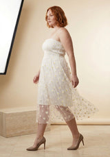 Daisy Embroidered Mesh Strappy Midi Dress in White, walking view – Petopet